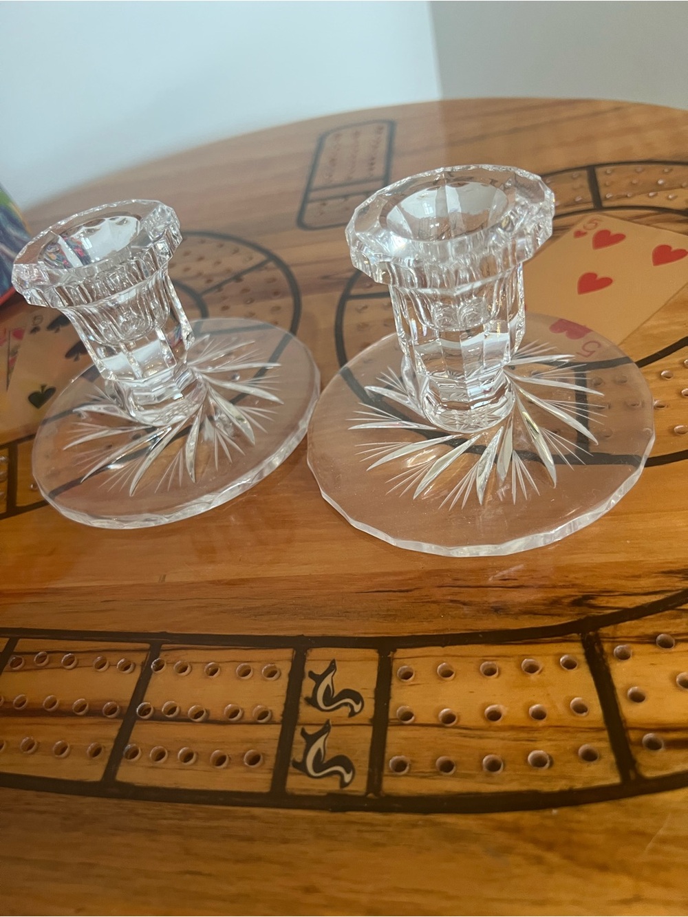 Pair of pinwheel crystal taper candle holders. Vintage